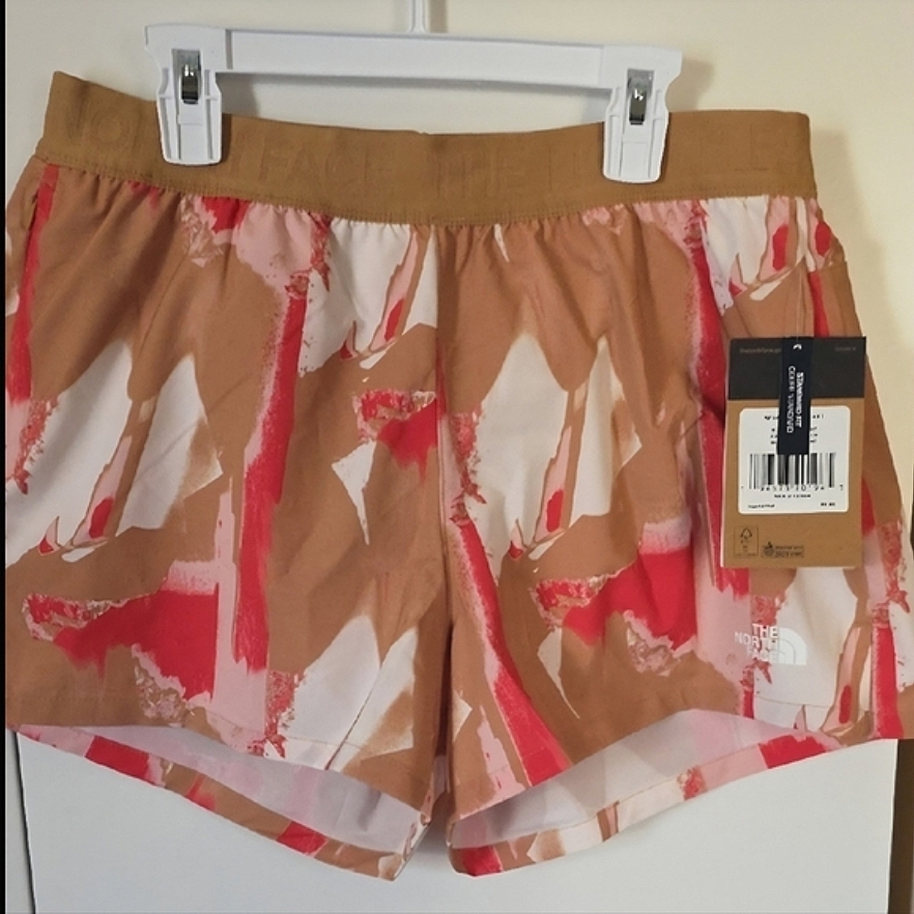 The North Face Women's Athletic Shorts in Tan and Red Pattern.M